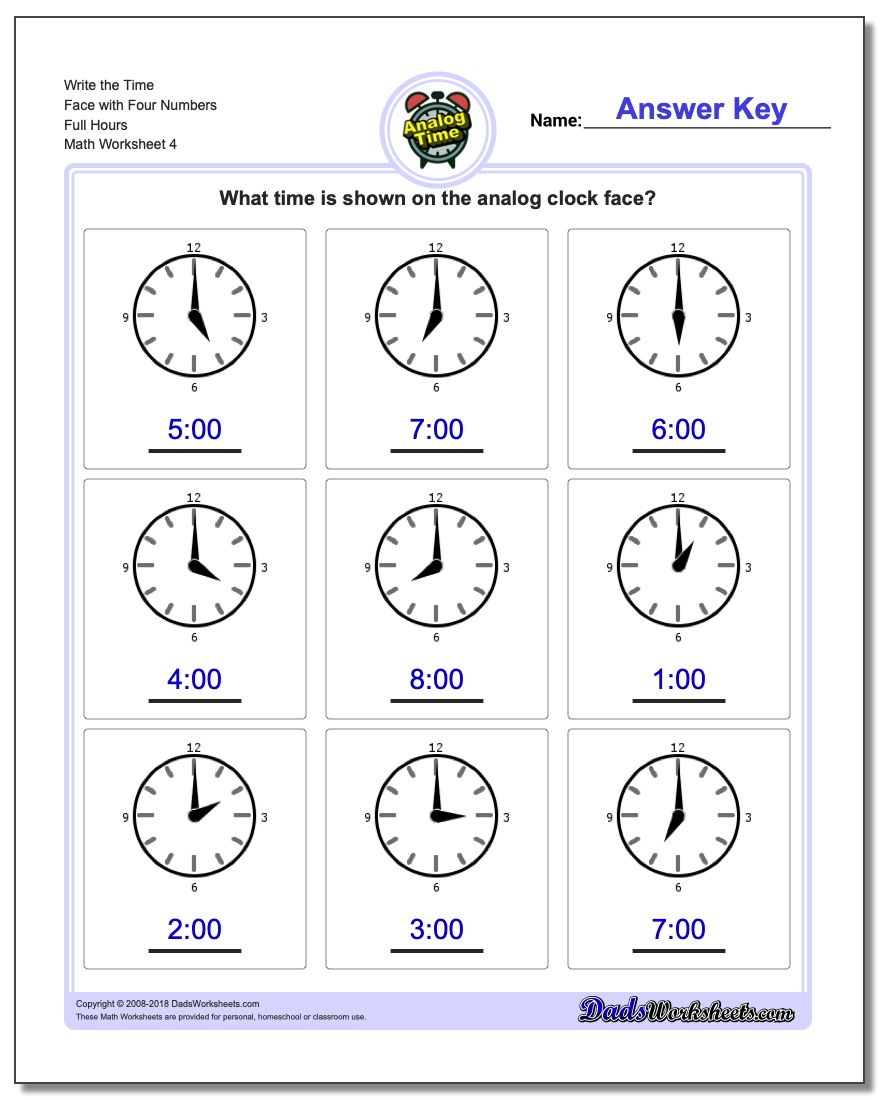 Write the Time Face with Four Numbers Full Hours Worksheet