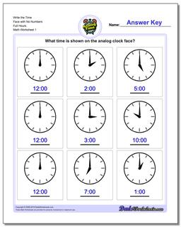 Telling Analog Time Write the Face with No Numbers Full Hours Worksheet