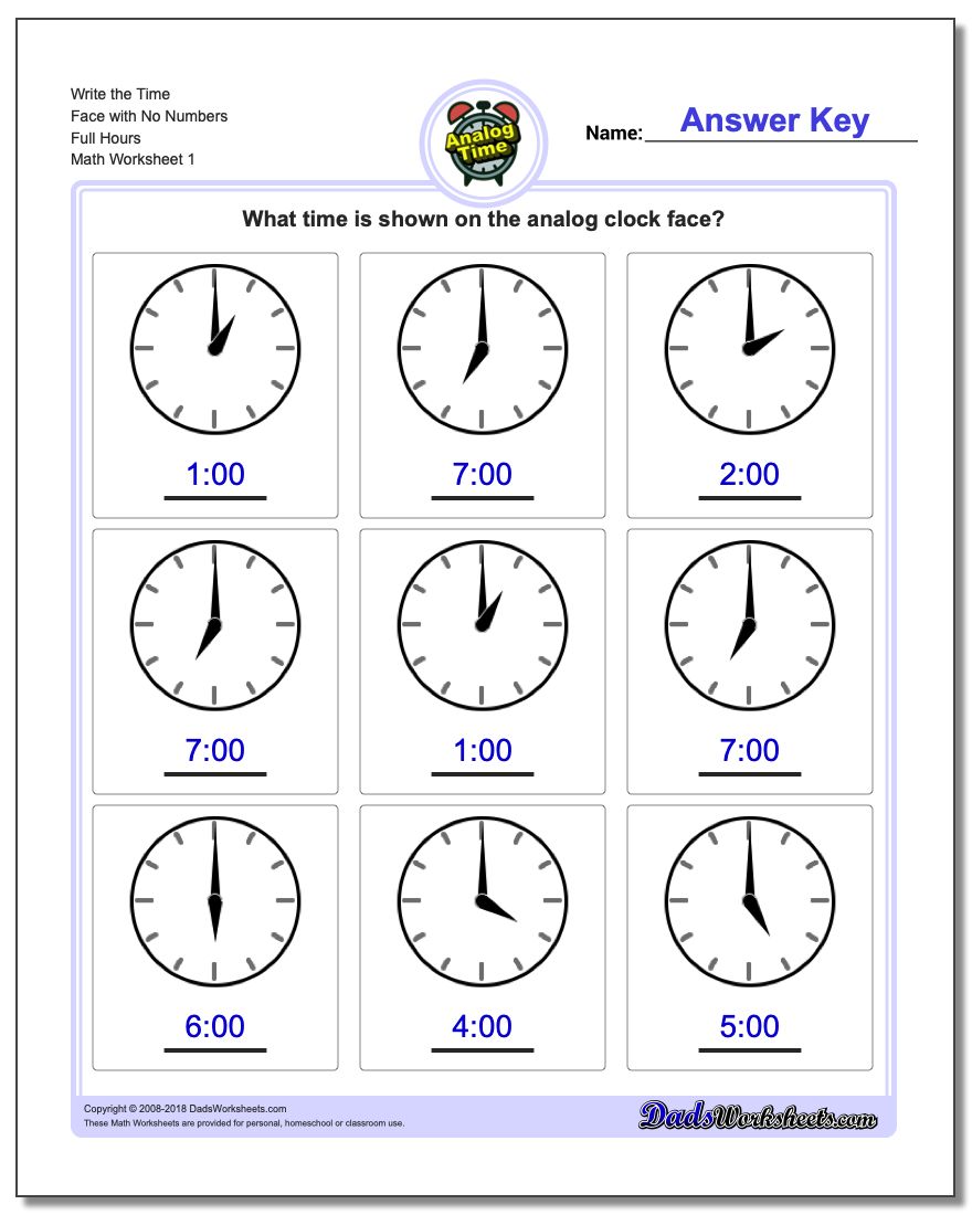 Telling Analog Time Write the Face with No Numbers Full Hours Worksheet