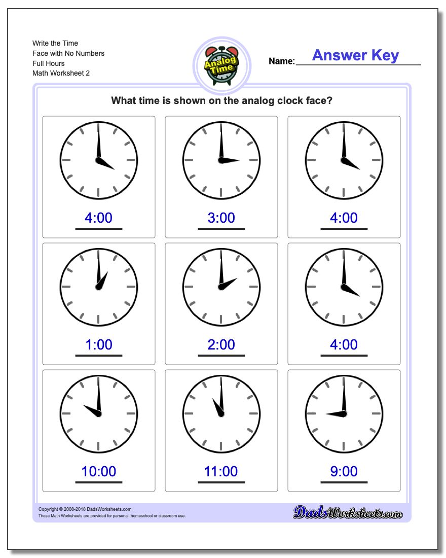 Write the Time Face with No Numbers Full Hours www.dadsworksheets.com/worksheets/telling-analog-time.html Worksheet