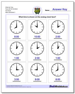 Write the Time Face with No Numbers Full Hours Worksheet