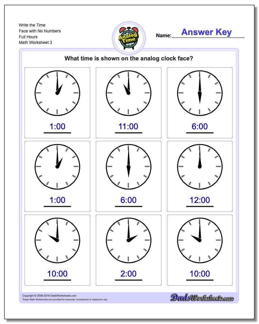 Write the Time Face with No Numbers Full Hours Worksheet