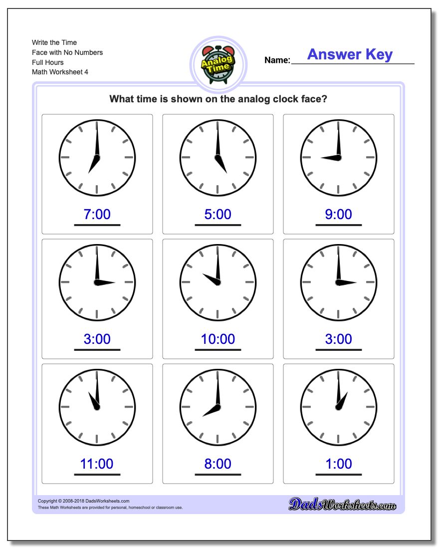 Write the Time Face with No Numbers Full Hours Worksheet