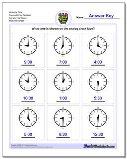 Telling Analog Time Write the Face with Four Numbers Full and Half Hours Worksheet