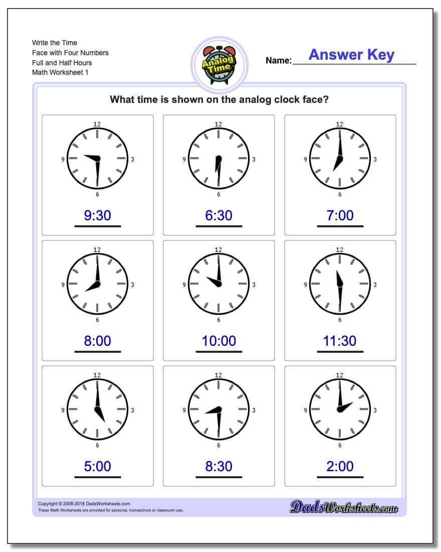 Worksheets Math Worksheets Telling Time full and half hours telling analog time write the face with four numbers worksheet