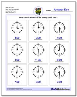 Write the Time Face with Four Numbers Full and Half Hours Worksheet