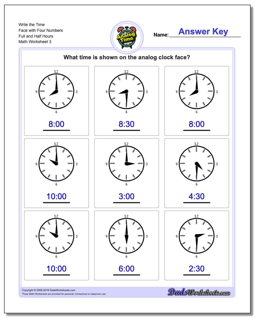 Write the Time Face with Four Numbers Full and Half Hours Worksheet