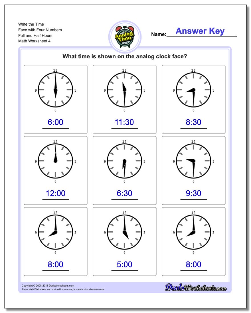 Write the Time Face with Four Numbers Full and Half Hours Worksheet