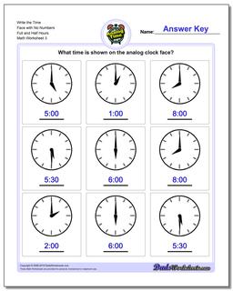 Write the Time Face with No Numbers Full and Half Hours Worksheet