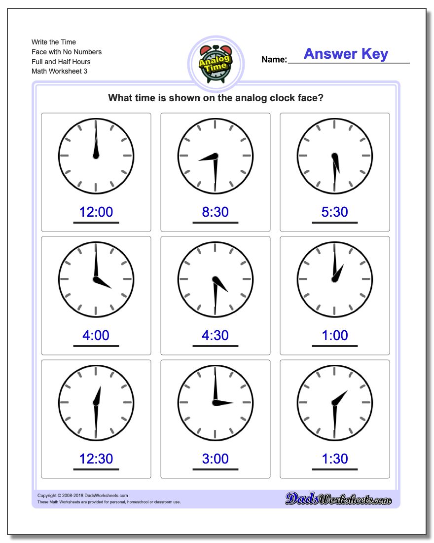 Write the Time Face with No Numbers Full and Half Hours Worksheet