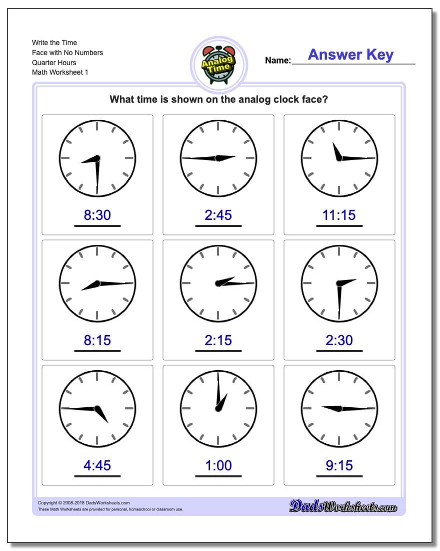 Time To The Quarter Hour Worksheets