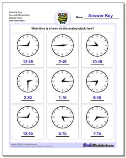 Write the Time Face with No Numbers Quarter Hours Worksheet