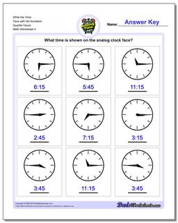 Write the Time Face with No Numbers Quarter Hours Worksheet