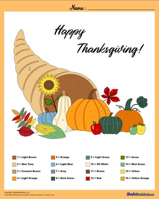 This collection of Thanksgiving-themed math worksheets is both educational and fun. It includes a variety of exercises ranging from simple number recognition to basic operations, along with engaging color-by-number style worksheets. Ideal for students to improve their math skills while celebrating the spirit of Thanksgiving!  Color By Number Thanksgiving Cornucopia