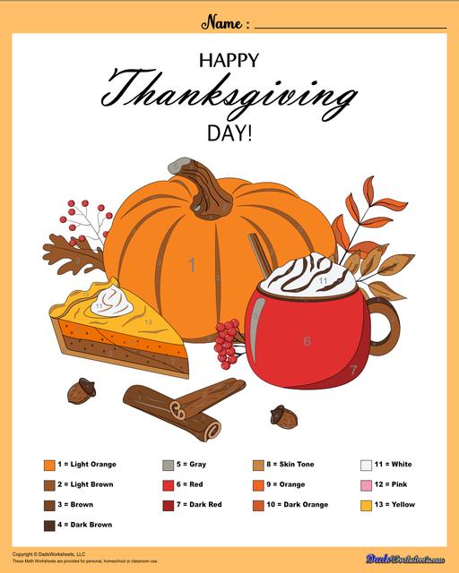 This collection of Thanksgiving-themed math worksheets is both educational and fun. It includes a variety of exercises ranging from simple number recognition to basic operations, along with engaging color-by-number style worksheets. Ideal for students to improve their math skills while celebrating the spirit of Thanksgiving!  Color By Number Thanksgiving Pumpkin