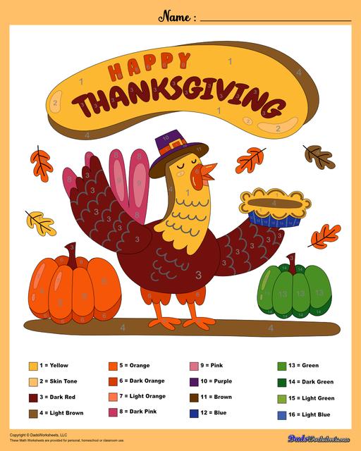 This collection of Thanksgiving-themed math worksheets is both educational and fun. It includes a variety of exercises ranging from simple number recognition to basic operations, along with engaging color-by-number style worksheets. Ideal for students to improve their math skills while celebrating the spirit of Thanksgiving!  Color By Number Thanksgiving Turkey V1