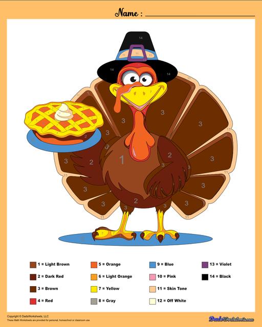 This collection of Thanksgiving-themed math worksheets is both educational and fun. It includes a variety of exercises ranging from simple number recognition to basic operations, along with engaging color-by-number style worksheets. Ideal for students to improve their math skills while celebrating the spirit of Thanksgiving!  Color By Number Thanksgiving Turkey V2