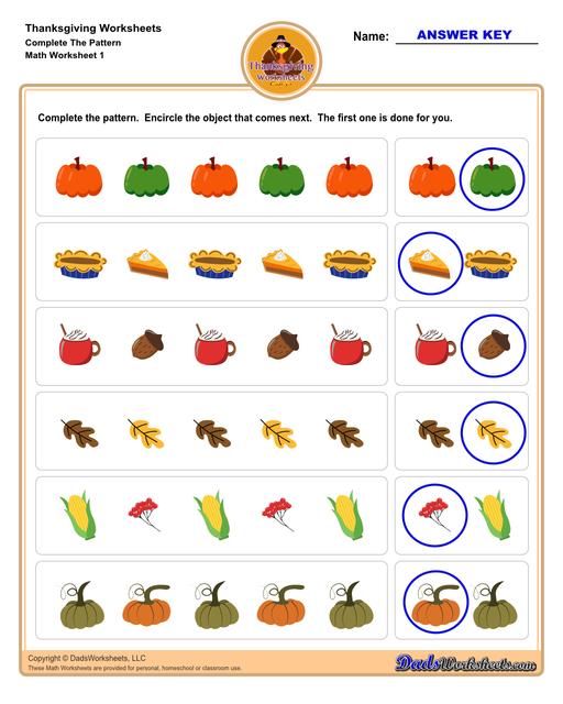 This collection of Thanksgiving-themed math worksheets is both educational and fun. It includes a variety of exercises ranging from simple number recognition to basic operations, along with engaging color-by-number style worksheets. Ideal for students to improve their math skills while celebrating the spirit of Thanksgiving!  Thanksgiving Complete The Pattern V1