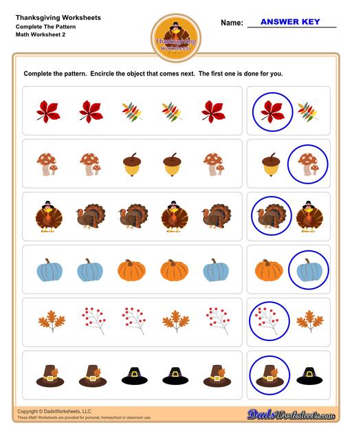 This collection of Thanksgiving-themed math worksheets is both educational and fun. It includes a variety of exercises ranging from simple number recognition to basic operations, along with engaging color-by-number style worksheets. Ideal for students to improve their math skills while celebrating the spirit of Thanksgiving!  Thanksgiving Complete The Pattern V2