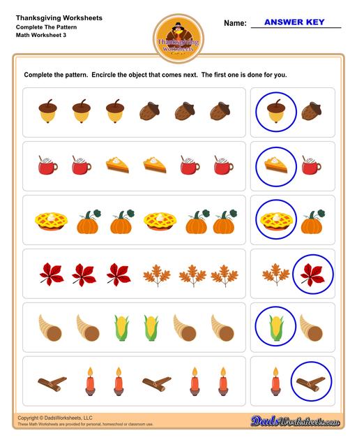 This collection of Thanksgiving-themed math worksheets is both educational and fun. It includes a variety of exercises ranging from simple number recognition to basic operations, along with engaging color-by-number style worksheets. Ideal for students to improve their math skills while celebrating the spirit of Thanksgiving!  Thanksgiving Complete The Pattern V3