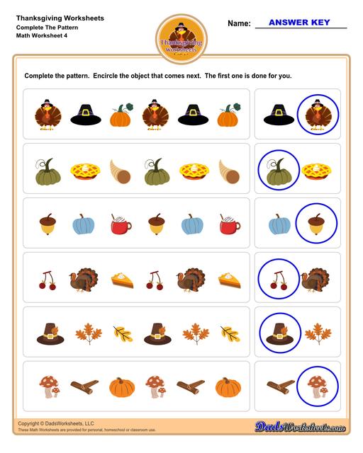 This collection of Thanksgiving-themed math worksheets is both educational and fun. It includes a variety of exercises ranging from simple number recognition to basic operations, along with engaging color-by-number style worksheets. Ideal for students to improve their math skills while celebrating the spirit of Thanksgiving!  Thanksgiving Complete The Pattern V4