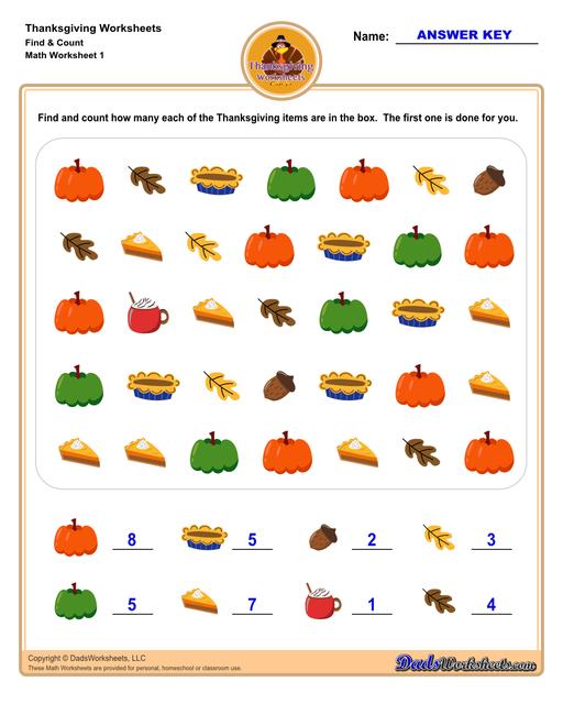 This collection of Thanksgiving-themed math worksheets is both educational and fun. It includes a variety of exercises ranging from simple number recognition to basic operations, along with engaging color-by-number style worksheets. Ideal for students to improve their math skills while celebrating the spirit of Thanksgiving!  Thanksgiving Find And Count V1
