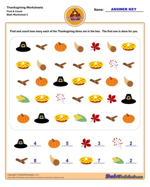 This collection of Thanksgiving-themed math worksheets is both educational and fun. It includes a variety of exercises ranging from simple number recognition to basic operations, along with engaging color-by-number style worksheets. Ideal for students to improve their math skills while celebrating the spirit of Thanksgiving!  Thanksgiving Find And Count V2