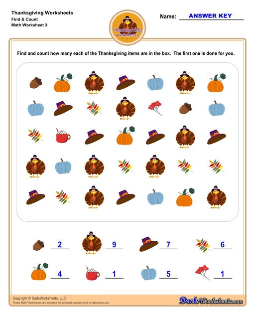 This collection of Thanksgiving-themed math worksheets is both educational and fun. It includes a variety of exercises ranging from simple number recognition to basic operations, along with engaging color-by-number style worksheets. Ideal for students to improve their math skills while celebrating the spirit of Thanksgiving!  Thanksgiving Find And Count V3