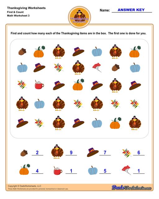 This collection of Thanksgiving-themed math worksheets is both educational and fun. It includes a variety of exercises ranging from simple number recognition to basic operations, along with engaging color-by-number style worksheets. Ideal for students to improve their math skills while celebrating the spirit of Thanksgiving!  Thanksgiving Find And Count V3
