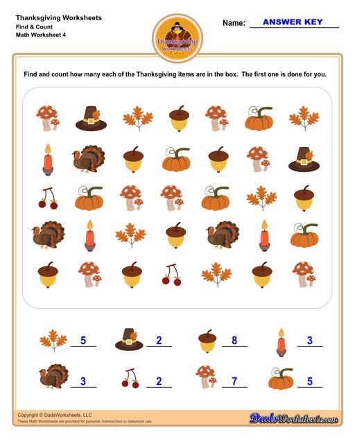 This collection of Thanksgiving-themed math worksheets is both educational and fun. It includes a variety of exercises ranging from simple number recognition to basic operations, along with engaging color-by-number style worksheets. Ideal for students to improve their math skills while celebrating the spirit of Thanksgiving!  Thanksgiving Find And Count V4