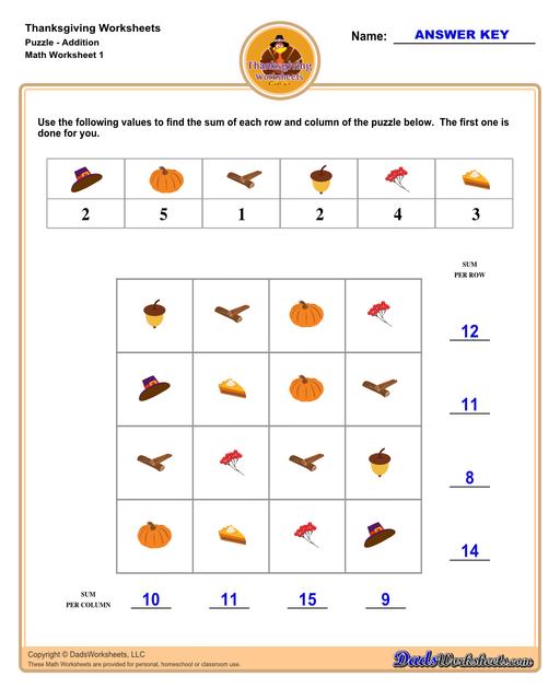 This collection of Thanksgiving-themed math worksheets is both educational and fun. It includes a variety of exercises ranging from simple number recognition to basic operations, along with engaging color-by-number style worksheets. Ideal for students to improve their math skills while celebrating the spirit of Thanksgiving!  Thanksgiving Puzzle Addition V1