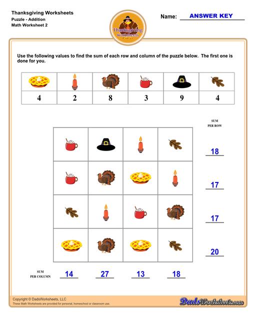 This collection of Thanksgiving-themed math worksheets is both educational and fun. It includes a variety of exercises ranging from simple number recognition to basic operations, along with engaging color-by-number style worksheets. Ideal for students to improve their math skills while celebrating the spirit of Thanksgiving!  Thanksgiving Puzzle Addition V2