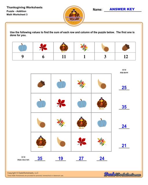 This collection of Thanksgiving-themed math worksheets is both educational and fun. It includes a variety of exercises ranging from simple number recognition to basic operations, along with engaging color-by-number style worksheets. Ideal for students to improve their math skills while celebrating the spirit of Thanksgiving!  Thanksgiving Puzzle Addition V3