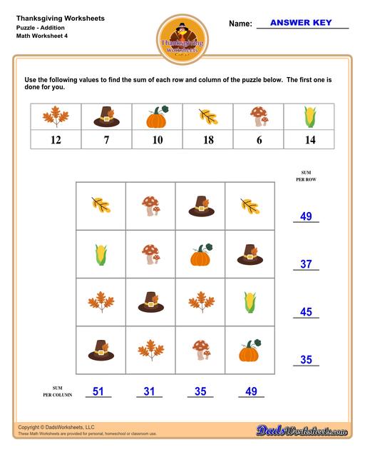 This collection of Thanksgiving-themed math worksheets is both educational and fun. It includes a variety of exercises ranging from simple number recognition to basic operations, along with engaging color-by-number style worksheets. Ideal for students to improve their math skills while celebrating the spirit of Thanksgiving!  Thanksgiving Puzzle Addition V4