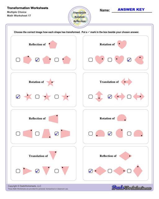 These transformation math worksheets practice rotation, reflection and translation transformations of geometric shapes on a coordinate plane. These worksheets are perfect practice exercises for 5th, 6th and 7th grade geometry students.  Transformation Multiple Choice Questions V1