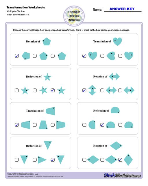 These transformation math worksheets practice rotation, reflection and translation transformations of geometric shapes on a coordinate plane. These worksheets are perfect practice exercises for 5th, 6th and 7th grade geometry students.  Transformation Multiple Choice Questions V2