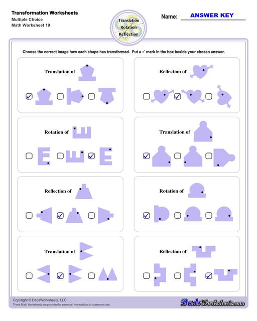 These transformation math worksheets practice rotation, reflection and translation transformations of geometric shapes on a coordinate plane. These worksheets are perfect practice exercises for 5th, 6th and 7th grade geometry students.  Transformation Multiple Choice Questions V3
