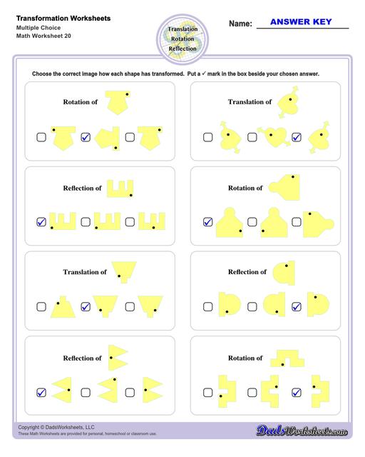 These transformation math worksheets practice rotation, reflection and translation transformations of geometric shapes on a coordinate plane. These worksheets are perfect practice exercises for 5th, 6th and 7th grade geometry students.  Transformation Multiple Choice Questions V4