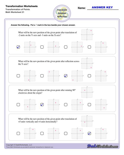 These transformation math worksheets practice rotation, reflection and translation transformations of geometric shapes on a coordinate plane. These worksheets are perfect practice exercises for 5th, 6th and 7th grade geometry students.  Transformation Of Points V1