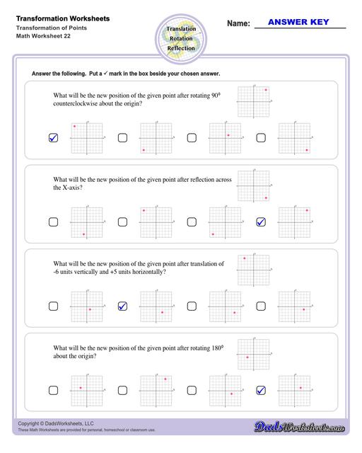 These transformation math worksheets practice rotation, reflection and translation transformations of geometric shapes on a coordinate plane. These worksheets are perfect practice exercises for 5th, 6th and 7th grade geometry students.  Transformation Of Points V2