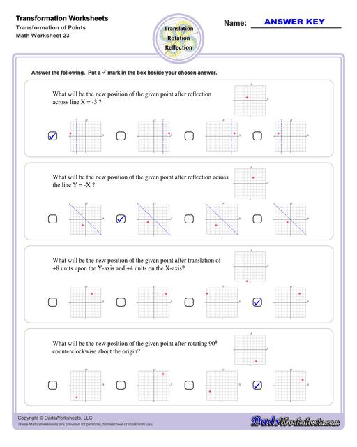 These transformation math worksheets practice rotation, reflection and translation transformations of geometric shapes on a coordinate plane. These worksheets are perfect practice exercises for 5th, 6th and 7th grade geometry students.  Transformation Of Points V3