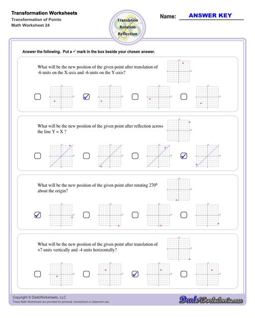 These transformation math worksheets practice rotation, reflection and translation transformations of geometric shapes on a coordinate plane. These worksheets are perfect practice exercises for 5th, 6th and 7th grade geometry students.  Transformation Of Points V4