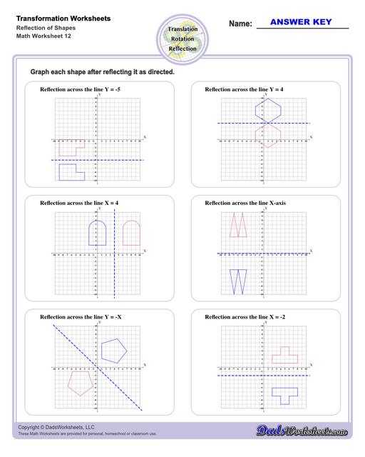 These transformation math worksheets practice rotation, reflection and translation transformations of geometric shapes on a coordinate plane. These worksheets are perfect practice exercises for 5th, 6th and 7th grade geometry students.  Transformation Reflection Of Shapes V4