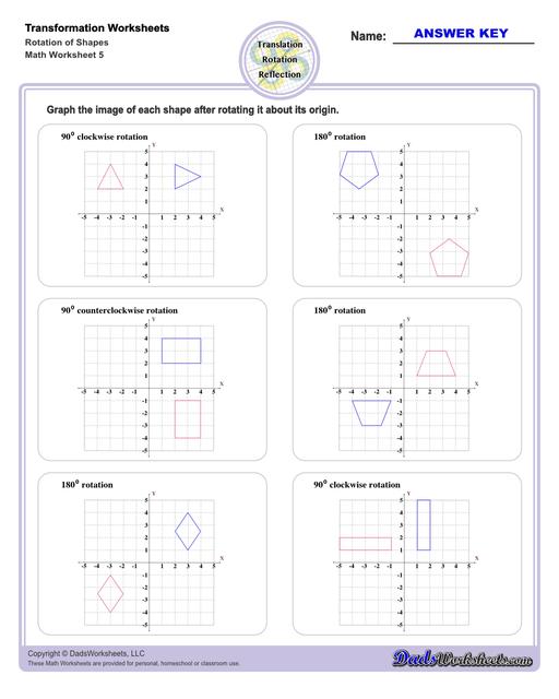 These transformation math worksheets practice rotation, reflection and translation transformations of geometric shapes on a coordinate plane. These worksheets are perfect practice exercises for 5th, 6th and 7th grade geometry students.  Transformation Rotation Of Shapes V1