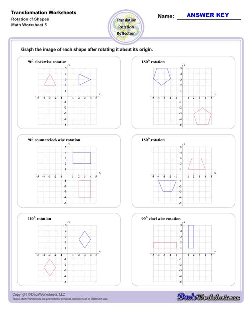 These transformation math worksheets practice rotation, reflection and translation transformations of geometric shapes on a coordinate plane. These worksheets are perfect practice exercises for 5th, 6th and 7th grade geometry students.  Transformation Rotation Of Shapes V1