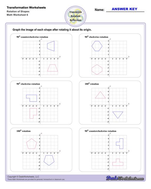 These transformation math worksheets practice rotation, reflection and translation transformations of geometric shapes on a coordinate plane. These worksheets are perfect practice exercises for 5th, 6th and 7th grade geometry students.  Transformation Rotation Of Shapes V2