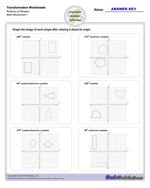 These transformation math worksheets practice rotation, reflection and translation transformations of geometric shapes on a coordinate plane. These worksheets are perfect practice exercises for 5th, 6th and 7th grade geometry students.  Transformation Rotation Of Shapes V3