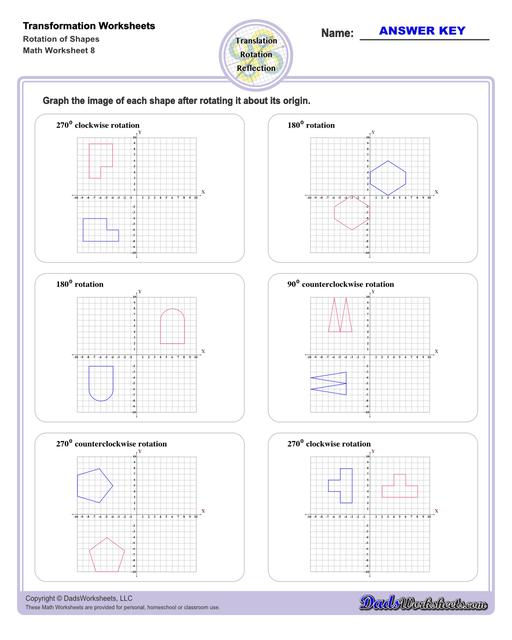 These transformation math worksheets practice rotation, reflection and translation transformations of geometric shapes on a coordinate plane. These worksheets are perfect practice exercises for 5th, 6th and 7th grade geometry students.  Transformation Rotation Of Shapes V4