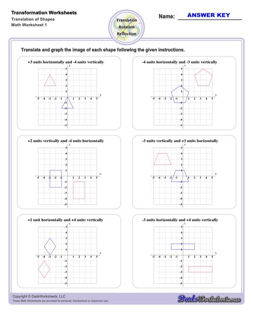 These transformation math worksheets practice rotation, reflection and translation transformations of geometric shapes on a coordinate plane. These worksheets are perfect practice exercises for 5th, 6th and 7th grade geometry students.  Transformation Translation Of Shapes V1