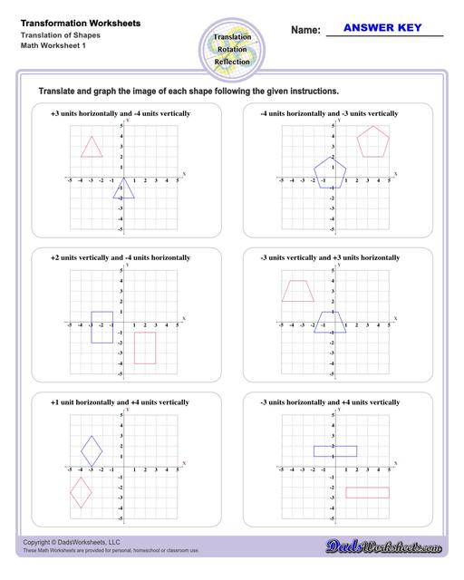 These transformation math worksheets practice rotation, reflection and translation transformations of geometric shapes on a coordinate plane. These worksheets are perfect practice exercises for 5th, 6th and 7th grade geometry students.  Transformation Translation Of Shapes V1